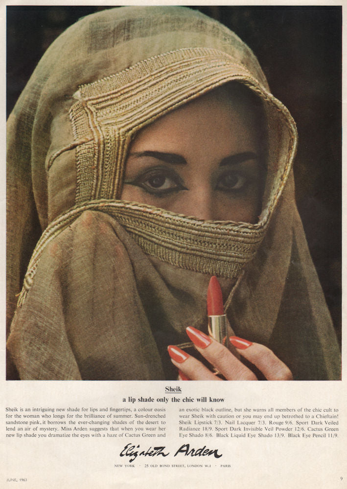 Elizabeth Arden Sheik. A lip shade only the chic will know. Lipstick advert 1963